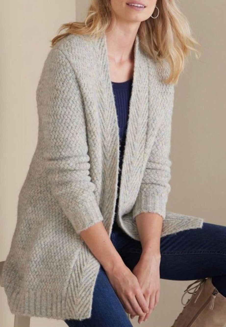 Soft Surroundings Wool Blend Longline Cardigan Sweater XS Beige Green Blue